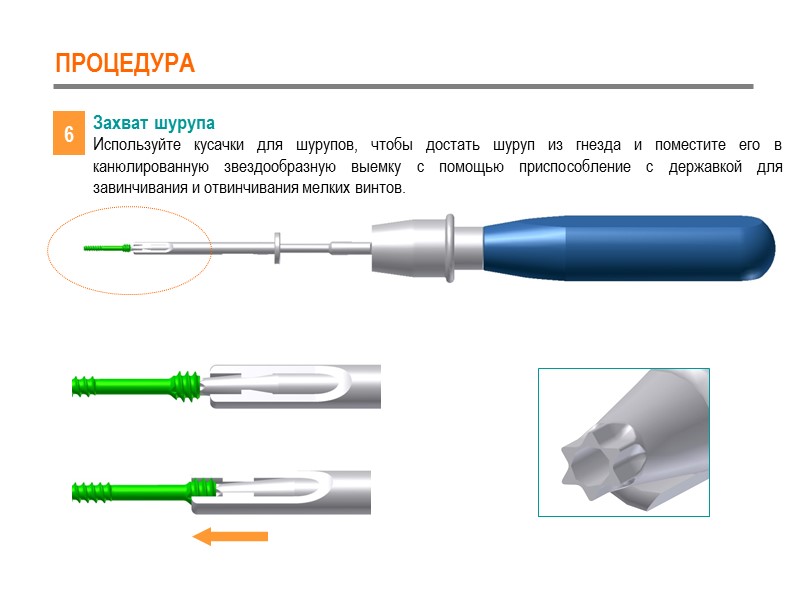 ПРОЦЕДУРА 6 Захват шурупа Используйте кусачки для шурупов, чтобы достать шуруп из гнезда и